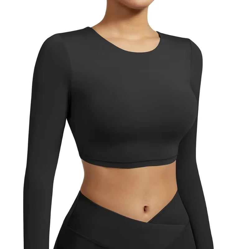 New Sport Top Crop Top Bra Sexy Open Back Tight Gym plus Size Shockproof Fitness Running Gym Clothing Long Sleeve Shirts Women