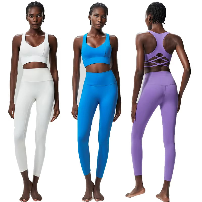 Women Two Piece Yoga Set Solid Color Naked Gym Suit Quick Dry Running Sportswear Sport Bra Female Workout Fitness Outfit Clothes